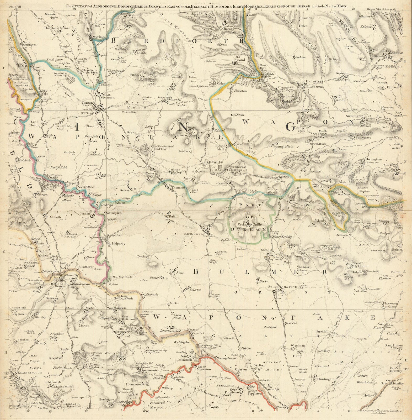 North Yorkshire. Aldborough, Helmsley, Knaresborough & Thirsk. Jefferys 1772 map